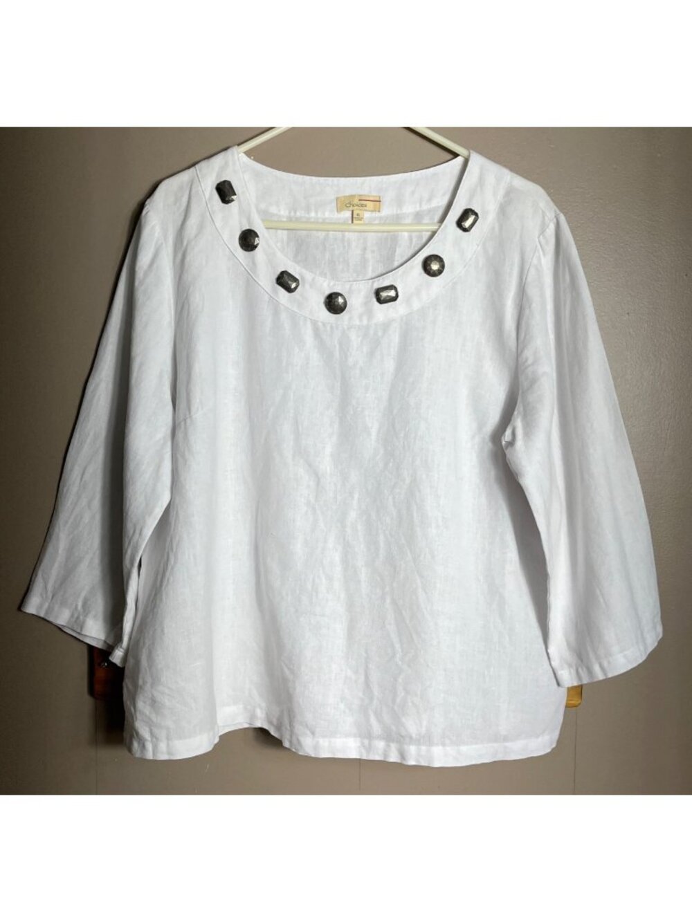 Choices White Linen Top Boxy Relaxed Breathable Embellished Comfy Coastal Wom XL
